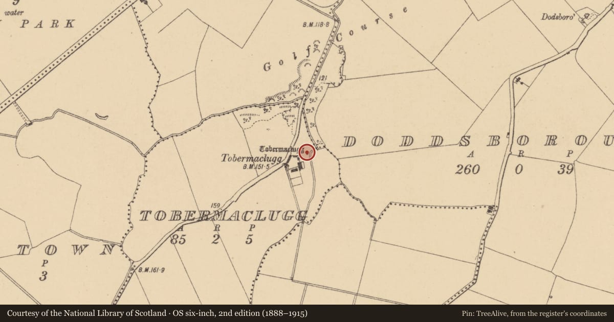 Ordnance Survey six-inch map, 2nd edition (1888–1915) covering the location of Ritual site - holy well, Tobermaclugg, County Dublin, with a pin at the register's coordinates