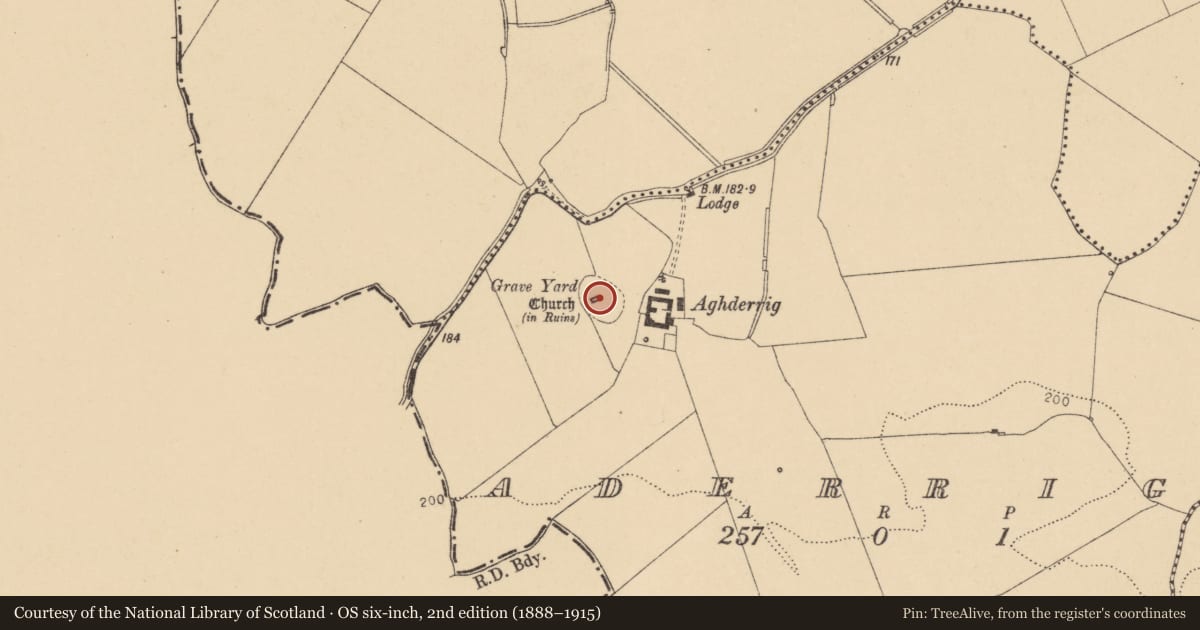 Ordnance Survey six-inch map, 2nd edition (1888–1915) covering the location of Ecclesiastical enclosure, Aderrig, County Dublin, with a pin at the register's coordinates