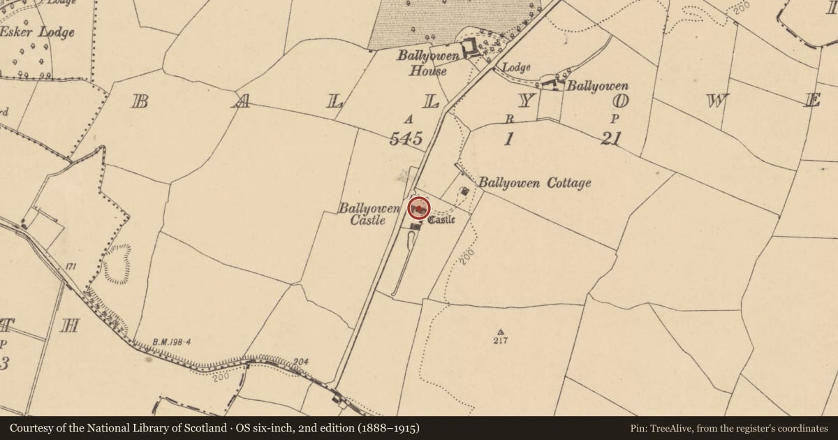 Ordnance Survey six-inch map, 2nd edition (1888–1915) covering the location of House - fortified house, Ballyowen, County Dublin, with a pin at the register's coordinates