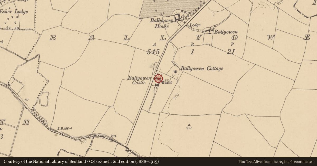 Ordnance Survey six-inch map, 2nd edition (1888–1915) covering the location of Building, Ballyowen, County Dublin, with a pin at the register's coordinates