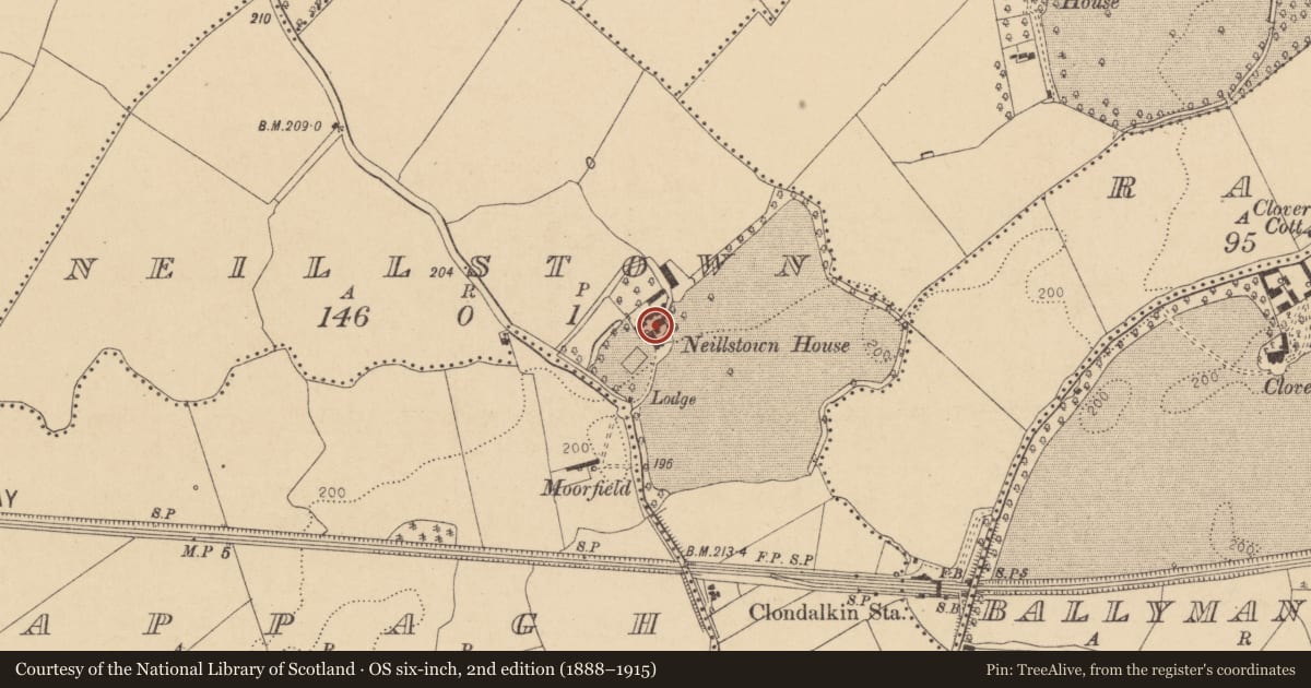 Ordnance Survey six-inch map, 2nd edition (1888–1915) covering the location of House - 16th/17th century, Neillstown, County Dublin, with a pin at the register's coordinates