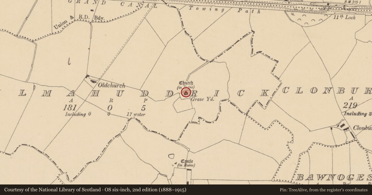 Ordnance Survey six-inch map, 2nd edition (1888–1915) covering the location of Church, Kilmahuddrick, County Dublin, with a pin at the register's coordinates