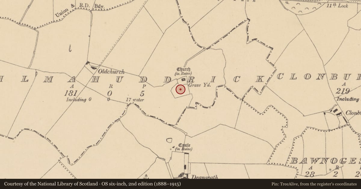 Ordnance Survey six-inch map, 2nd edition (1888–1915) covering the location of Moated site, Kilmahuddrick, County Dublin, with a pin at the register's coordinates