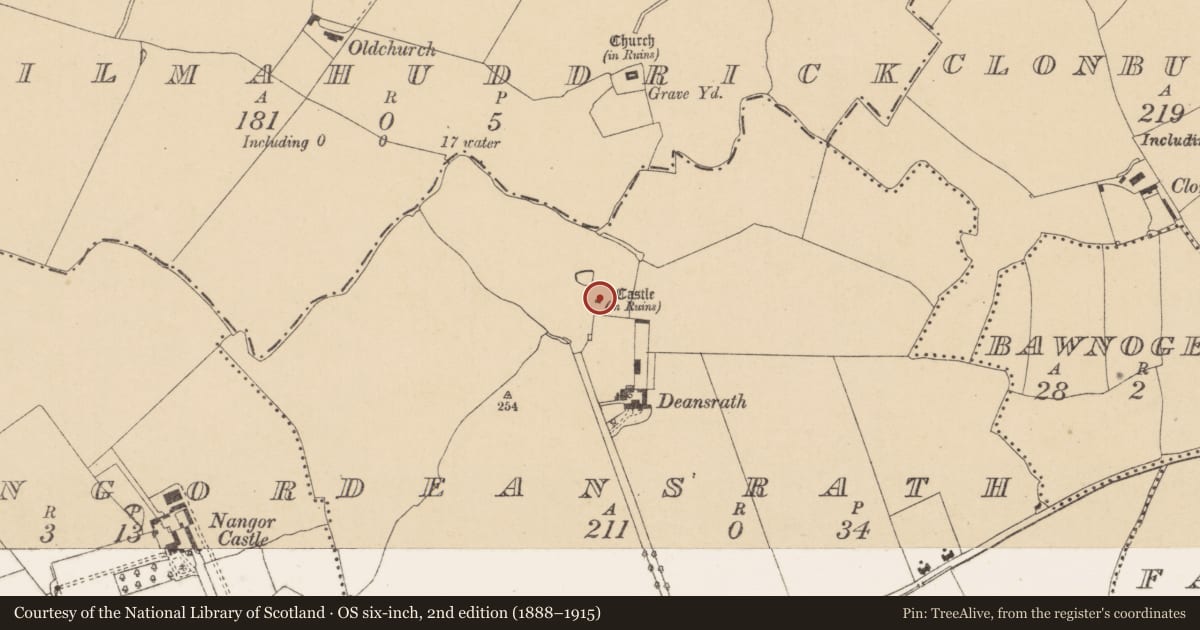 Ordnance Survey six-inch map, 2nd edition (1888–1915) covering the location of Castle - tower house, Deansrath, County Dublin, with a pin at the register's coordinates