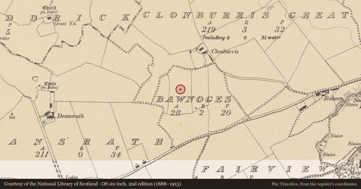 Ordnance Survey six-inch map, 2nd edition (1888–1915) covering the location of Enclosure, Bawnoges, County Dublin, with a pin at the register's coordinates