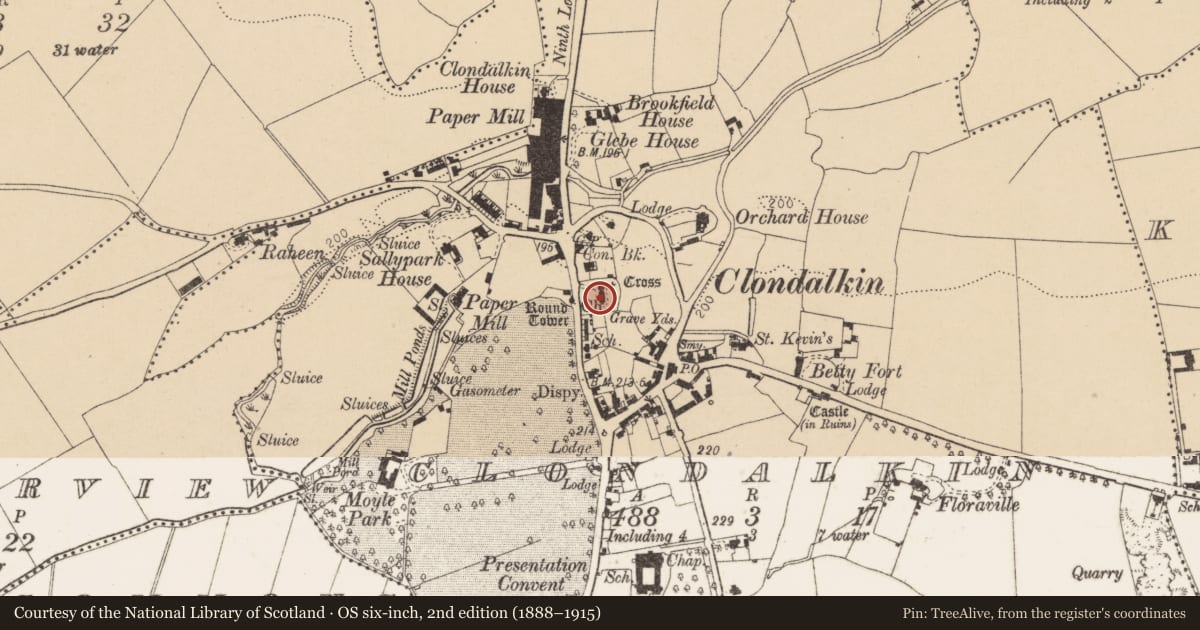 Ordnance Survey six-inch map, 2nd edition (1888–1915) covering the location of Historic town, Clondalkin, County Dublin, with a pin at the register's coordinates