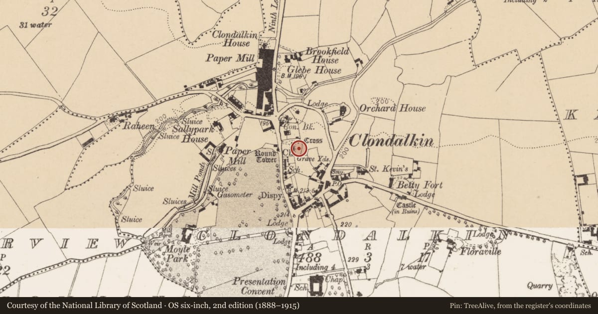 Ordnance Survey six-inch map, 2nd edition (1888–1915) covering the location of Church, Clondalkin, County Dublin, with a pin at the register's coordinates