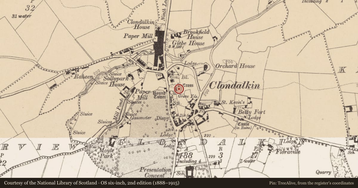 Ordnance Survey six-inch map, 2nd edition (1888–1915) covering the location of Cross, Clondalkin, County Dublin, with a pin at the register's coordinates