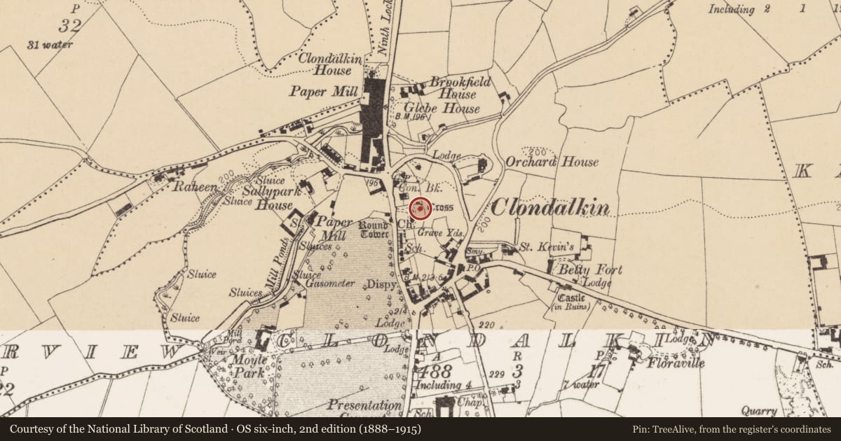 Ordnance Survey six-inch map, 2nd edition (1888–1915) covering the location of Cross, Clondalkin, County Dublin, with a pin at the register's coordinates