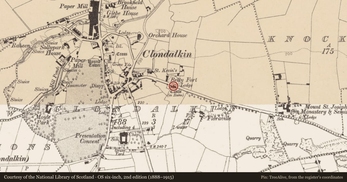 Ordnance Survey six-inch map, 2nd edition (1888–1915) covering the location of Castle - unclassified, Clondalkin, County Dublin, with a pin at the register's coordinates