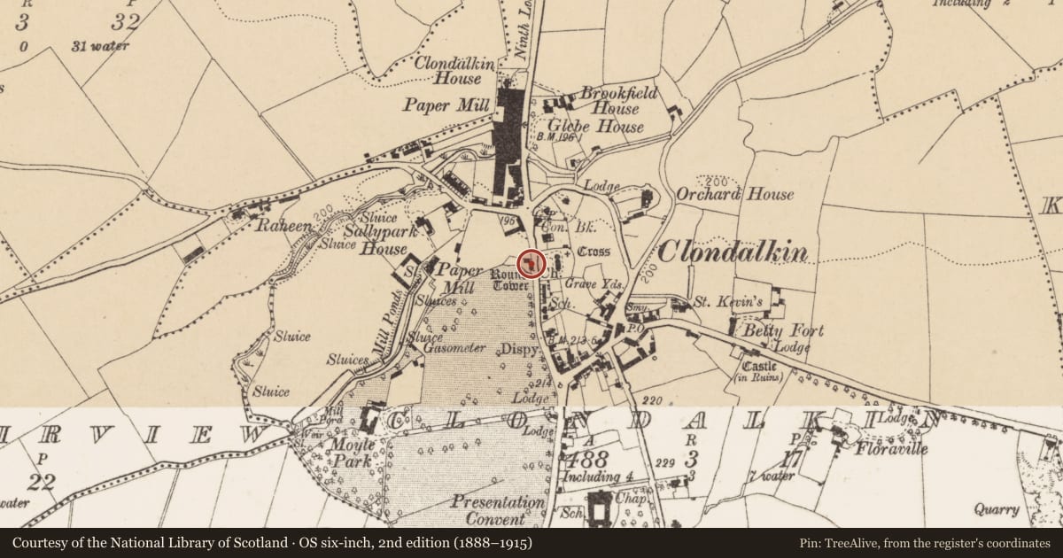 Ordnance Survey six-inch map, 2nd edition (1888–1915) covering the location of Round tower, Clondalkin, County Dublin, with a pin at the register's coordinates