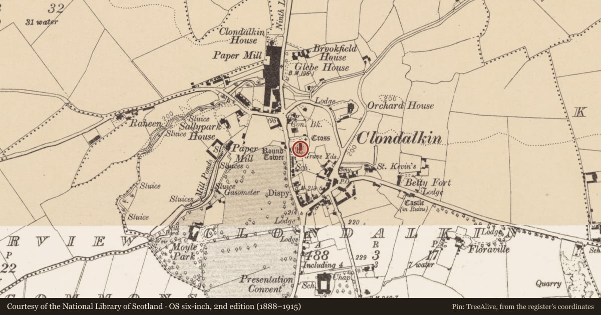 Ordnance Survey six-inch map, 2nd edition (1888–1915) covering the location of Font, Clondalkin, County Dublin, with a pin at the register's coordinates