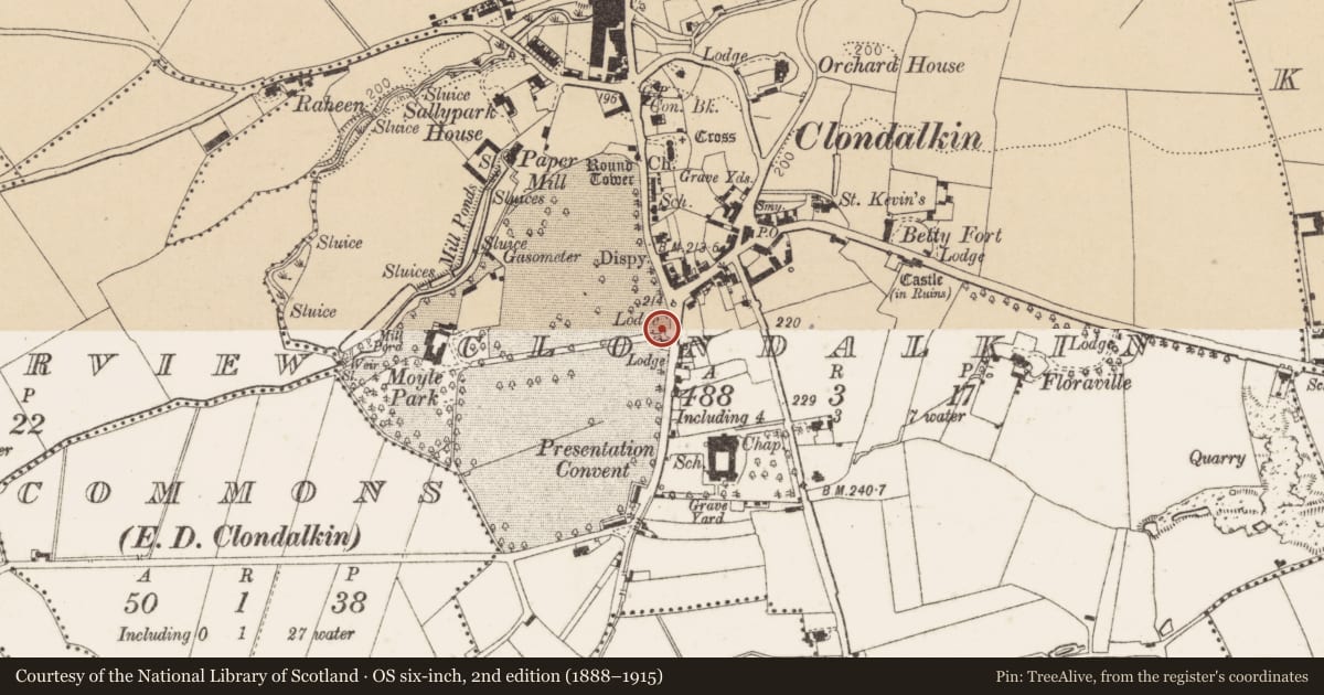 Ordnance Survey six-inch map, 2nd edition (1888–1915) covering the location of Castle - unclassified, Clondalkin, County Dublin, with a pin at the register's coordinates