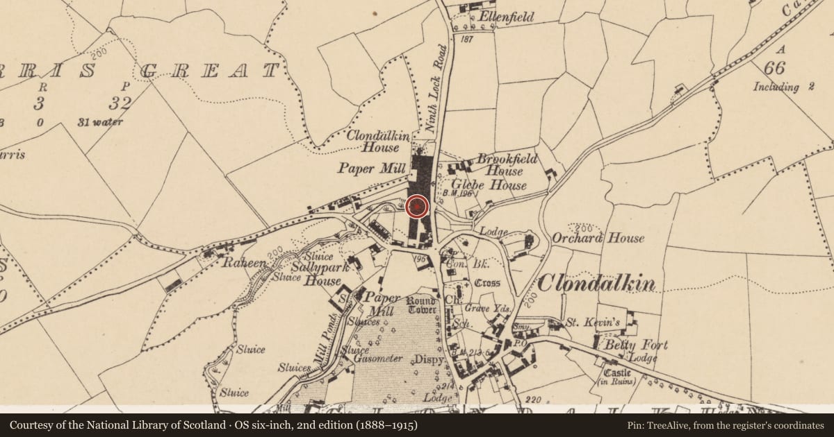 Ordnance Survey six-inch map, 2nd edition (1888–1915) covering the location of Water mill - unclassified, Clondalkin, County Dublin, with a pin at the register's coordinates