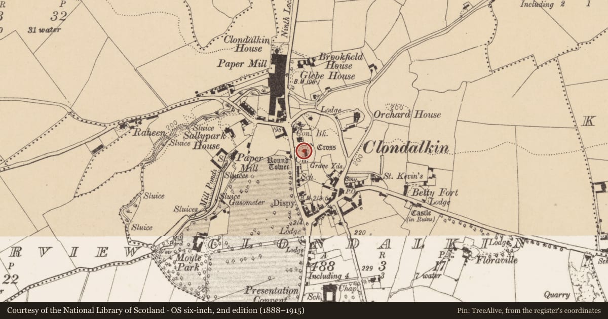 Ordnance Survey six-inch map, 2nd edition (1888–1915) covering the location of Graveyard, Clondalkin, County Dublin, with a pin at the register's coordinates