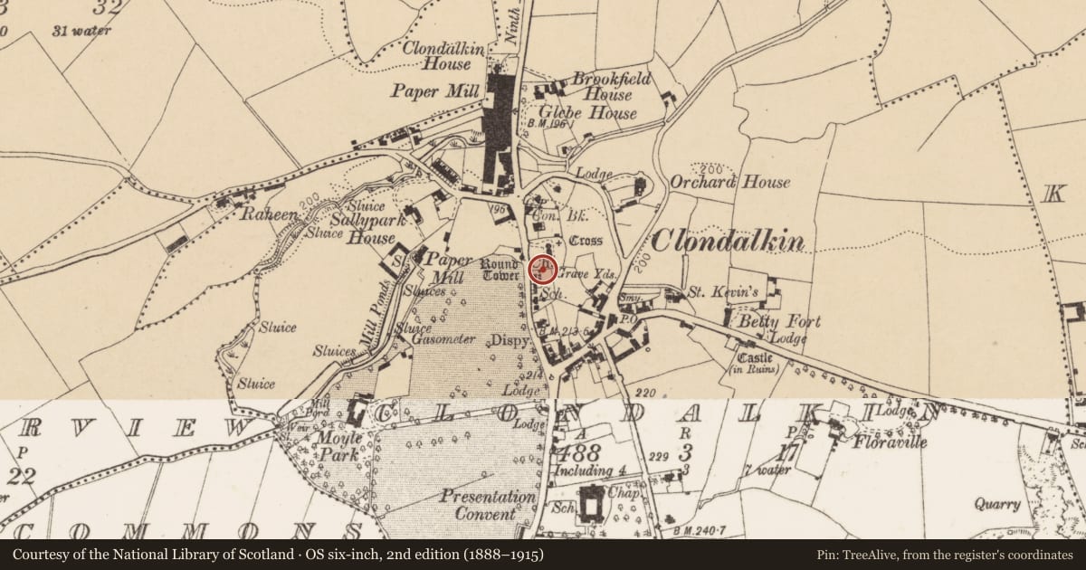 Ordnance Survey six-inch map, 2nd edition (1888–1915) covering the location of Ecclesiastical site, Clondalkin, County Dublin, with a pin at the register's coordinates