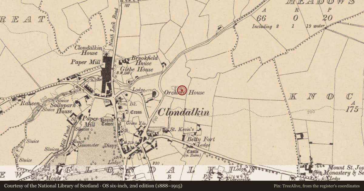 Ordnance Survey six-inch map, 2nd edition (1888–1915) covering the location of Graveyard, Clondalkin, County Dublin, with a pin at the register's coordinates