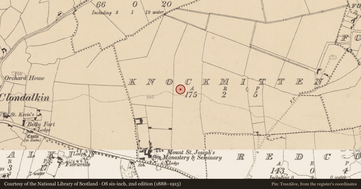 Ordnance Survey six-inch map, 2nd edition (1888–1915) covering the location of Enclosure, Knockmitten, County Dublin, with a pin at the register's coordinates