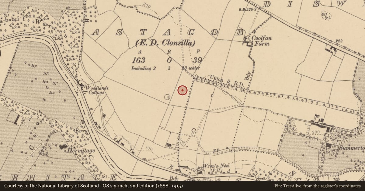 Ordnance Survey six-inch map, 2nd edition (1888–1915) covering the location of Burial ground, Astagob, County Dublin, with a pin at the register's coordinates