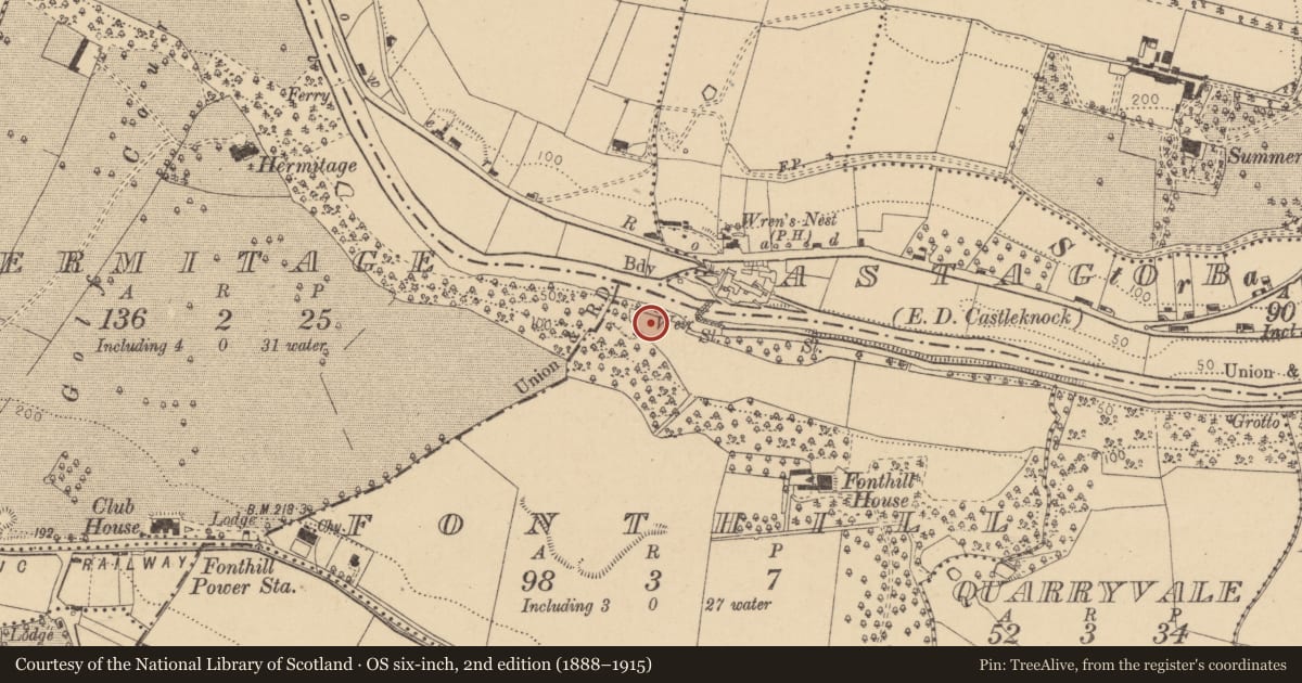 Ordnance Survey six-inch map, 2nd edition (1888–1915) covering the location of Fulacht fia, Fonthill, County Dublin, with a pin at the register's coordinates