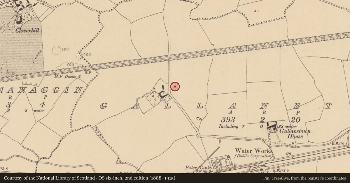 Ordnance Survey six-inch map, 2nd edition (1888–1915) covering the location of Burial ground, County Dublin, with a pin at the register's coordinates