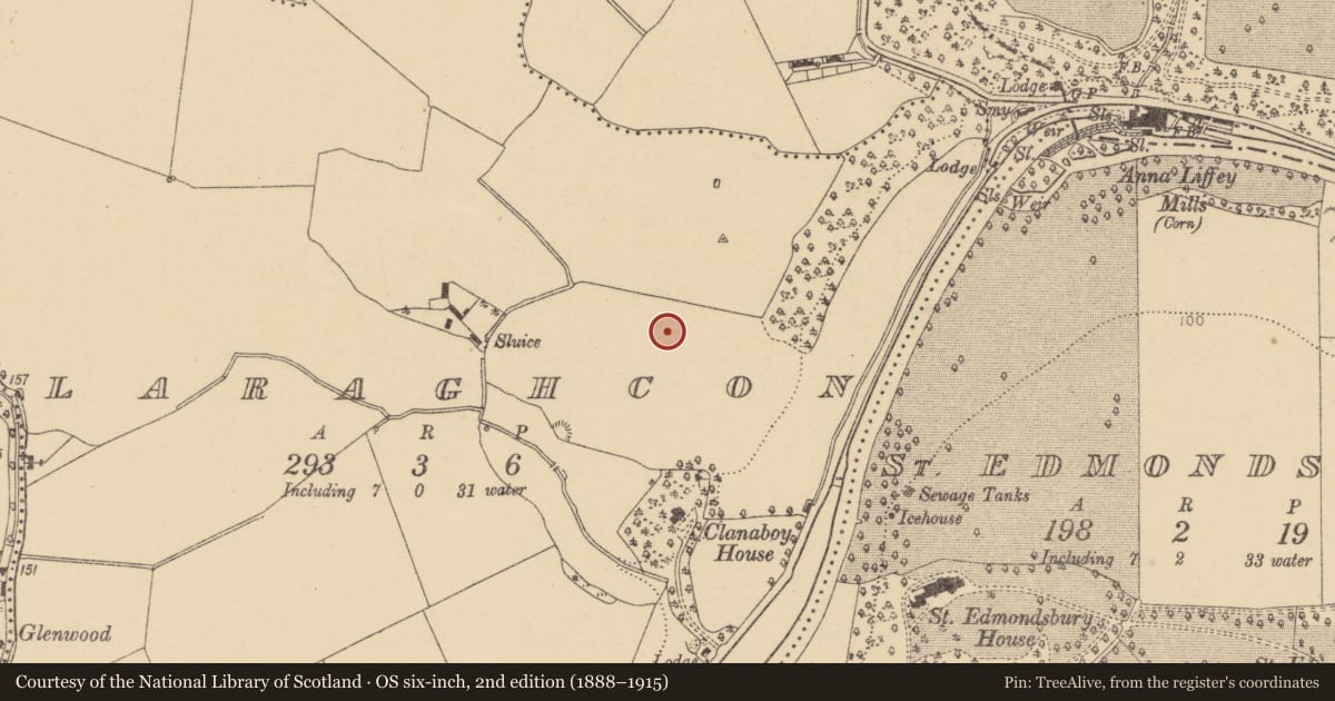 Ordnance Survey six-inch map, 2nd edition (1888–1915) covering the location of Burial, Laraghcon, County Dublin, with a pin at the register's coordinates