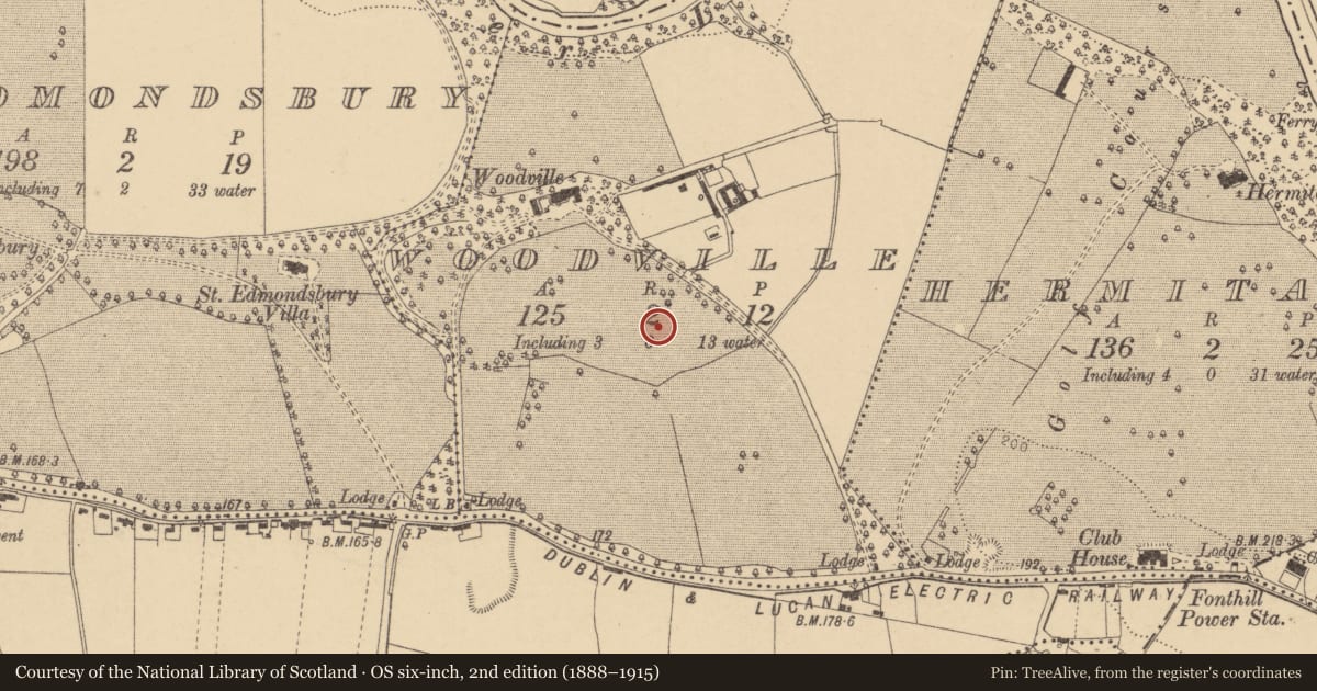 Ordnance Survey six-inch map, 2nd edition (1888–1915) covering the location of Enclosure, Woodville, County Dublin, with a pin at the register's coordinates