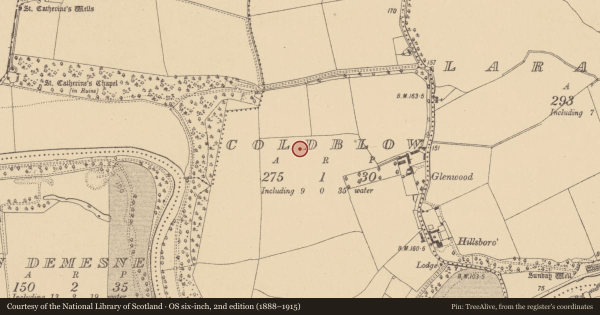 Ordnance Survey six-inch map, 2nd edition (1888–1915) covering the location of Earthwork, Coldblow, County Dublin, with a pin at the register's coordinates