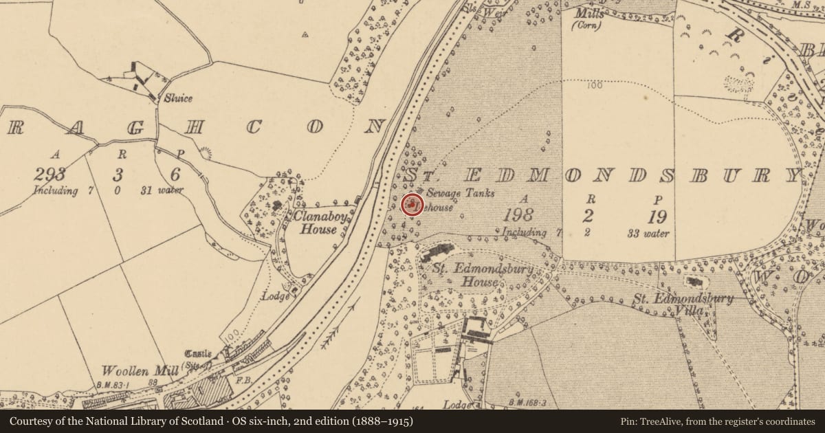 Ordnance Survey six-inch map, 2nd edition (1888–1915) covering the location of Icehouse, St. Edmondsbury, County Dublin, with a pin at the register's coordinates