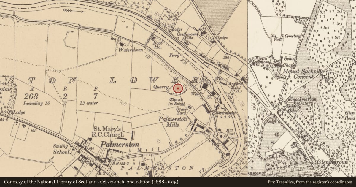Ordnance Survey six-inch map, 2nd edition (1888–1915) covering the location of Quarry, Palmerston Lower, County Dublin, with a pin at the register's coordinates
