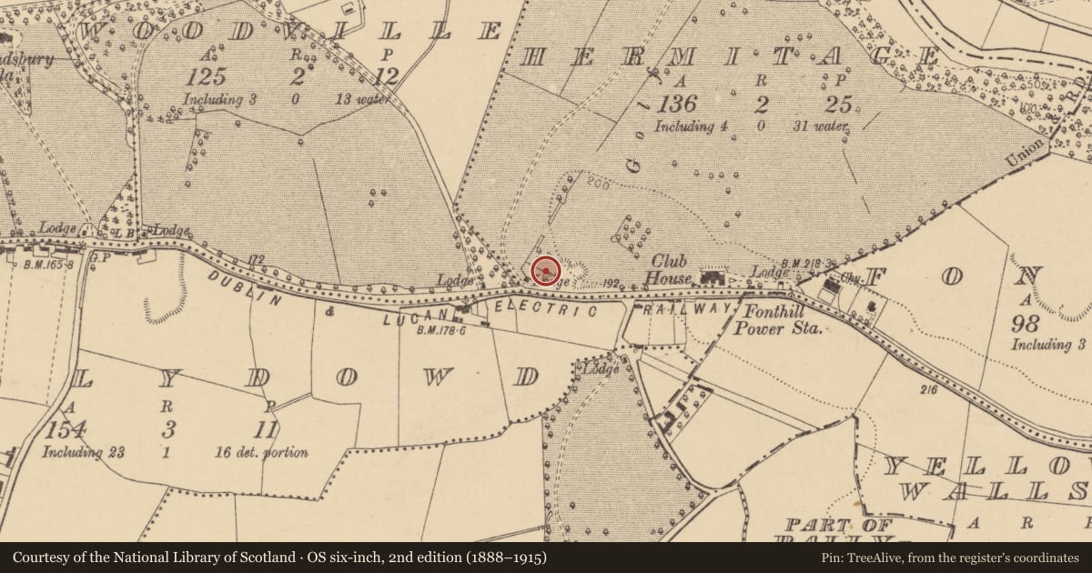 Ordnance Survey six-inch map, 2nd edition (1888–1915) covering the location of Kiln - lime, Hermitage, County Dublin, with a pin at the register's coordinates