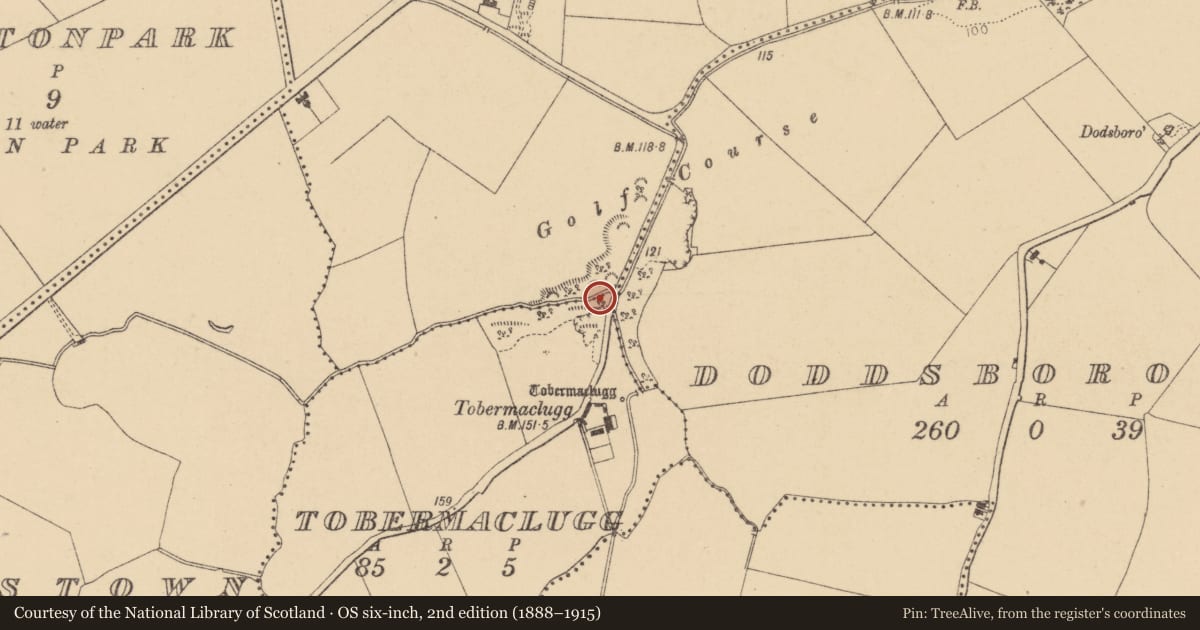 Ordnance Survey six-inch map, 2nd edition (1888–1915) covering the location of Kiln - lime, Tobermaclugg, County Dublin, with a pin at the register's coordinates