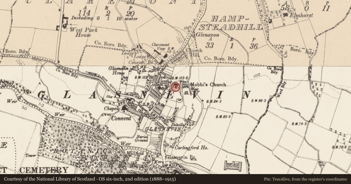 Ordnance Survey six-inch map, 2nd edition (1888–1915) covering the location of Graveyard, County Dublin, with a pin at the register's coordinates