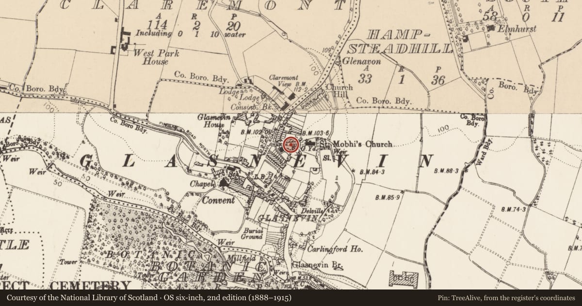 Ordnance Survey six-inch map, 2nd edition (1888–1915) covering the location of Burial ground, County Dublin, with a pin at the register's coordinates