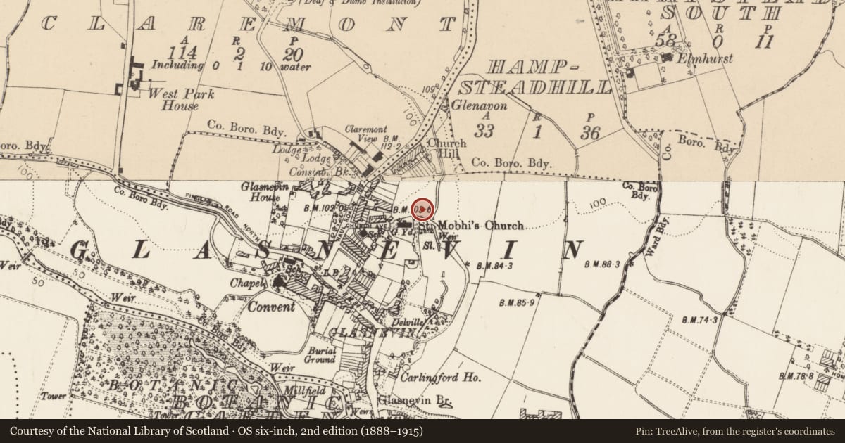 Ordnance Survey six-inch map, 2nd edition (1888–1915) covering the location of Burial ground, County Dublin, with a pin at the register's coordinates