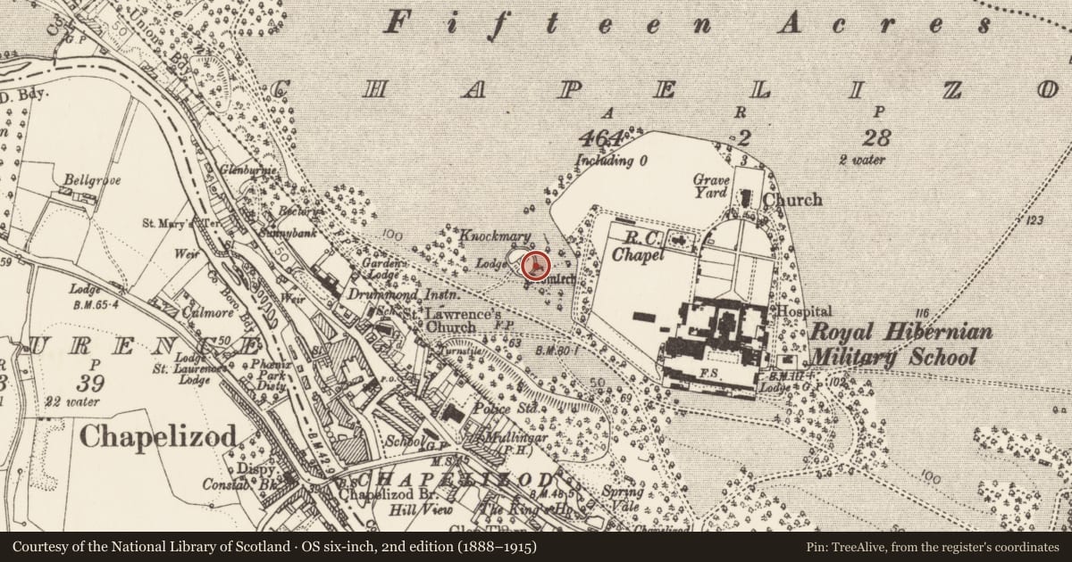 Ordnance Survey six-inch map, 2nd edition (1888–1915) covering the location of Linkardstown burial, County Dublin, with a pin at the register's coordinates