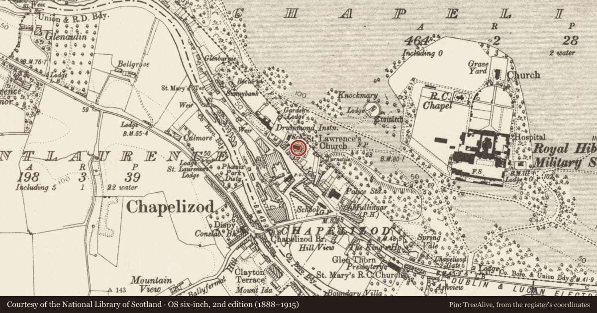 Ordnance Survey six-inch map, 2nd edition (1888–1915) covering the location of Church, County Dublin, with a pin at the register's coordinates