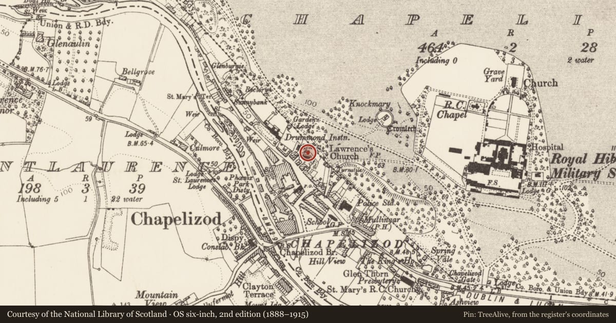 Ordnance Survey six-inch map, 2nd edition (1888–1915) covering the location of Graveyard, County Dublin, with a pin at the register's coordinates
