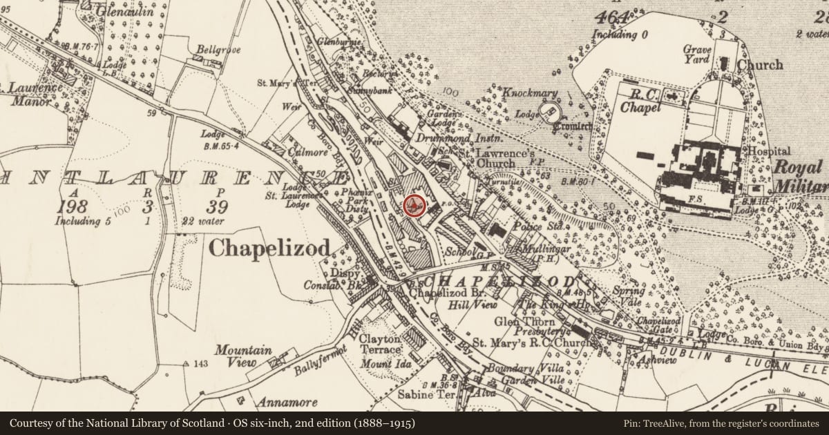 Ordnance Survey six-inch map, 2nd edition (1888–1915) covering the location of Town defences, County Dublin, with a pin at the register's coordinates