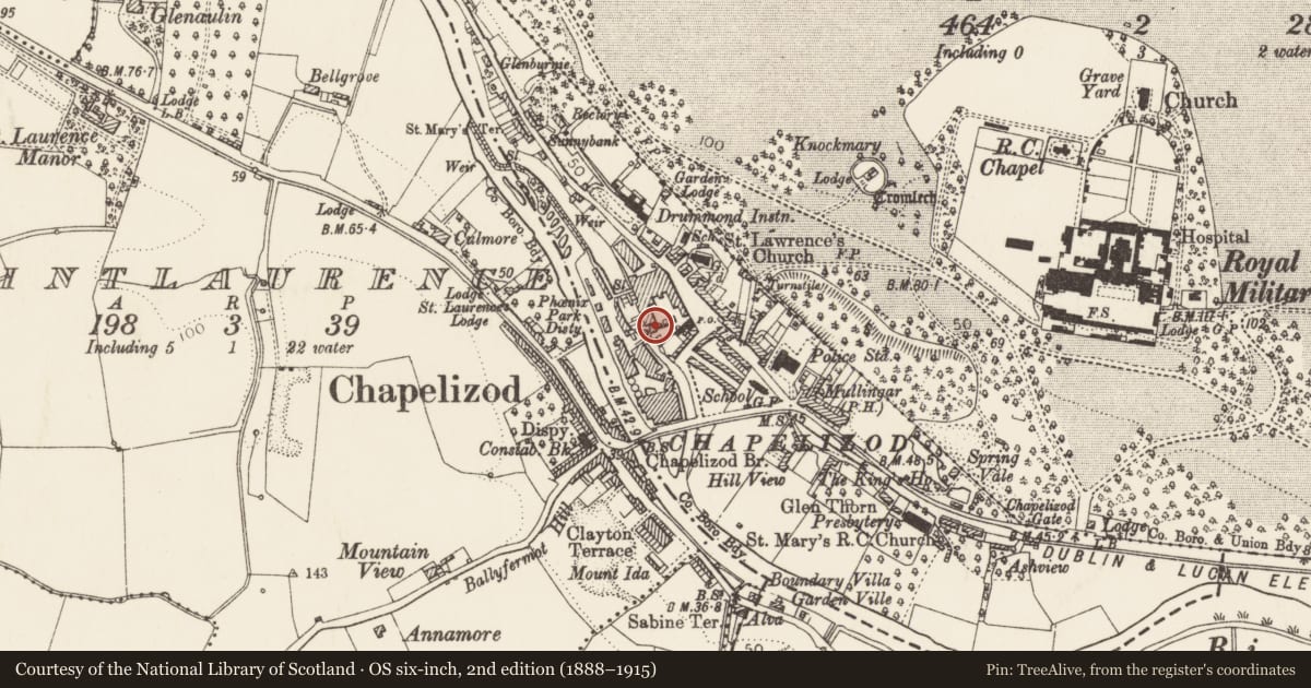 Ordnance Survey six-inch map, 2nd edition (1888–1915) covering the location of Building, County Dublin, with a pin at the register's coordinates