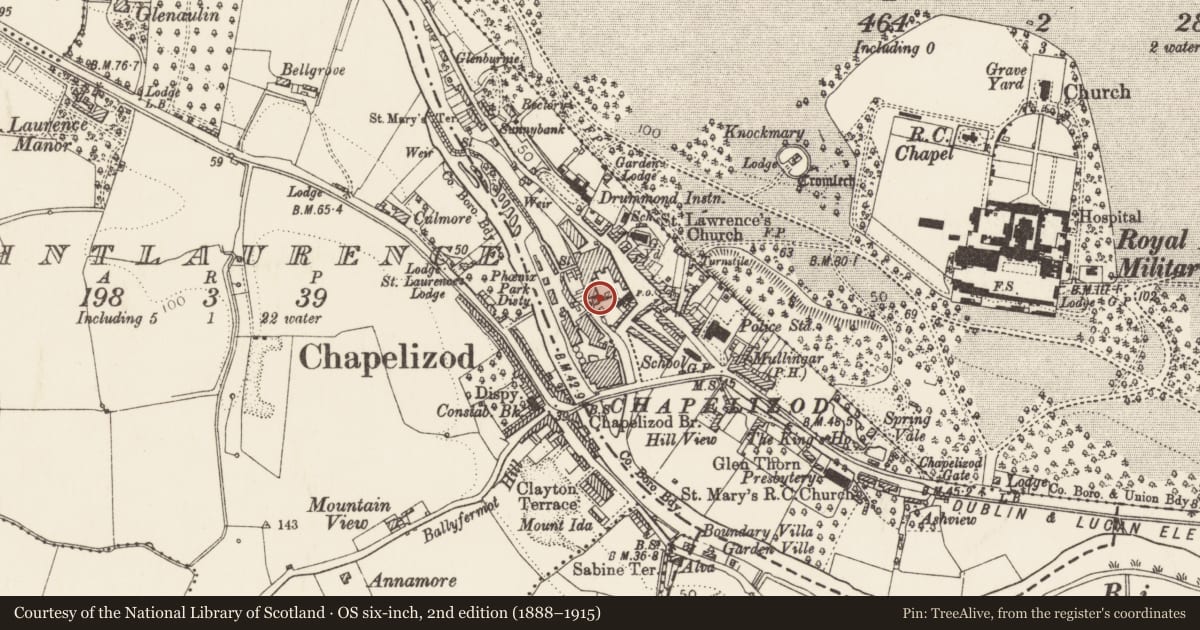 Ordnance Survey six-inch map, 2nd edition (1888–1915) covering the location of Armorial plaque, County Dublin, with a pin at the register's coordinates