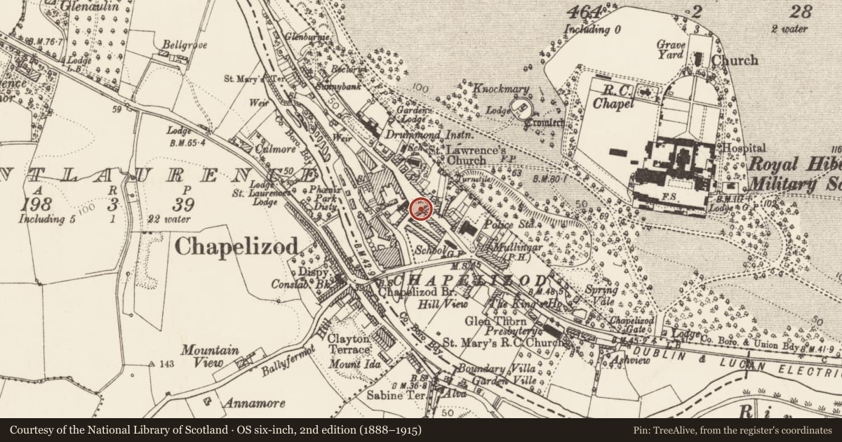 Ordnance Survey six-inch map, 2nd edition (1888–1915) covering the location of House - 17th century, County Dublin, with a pin at the register's coordinates
