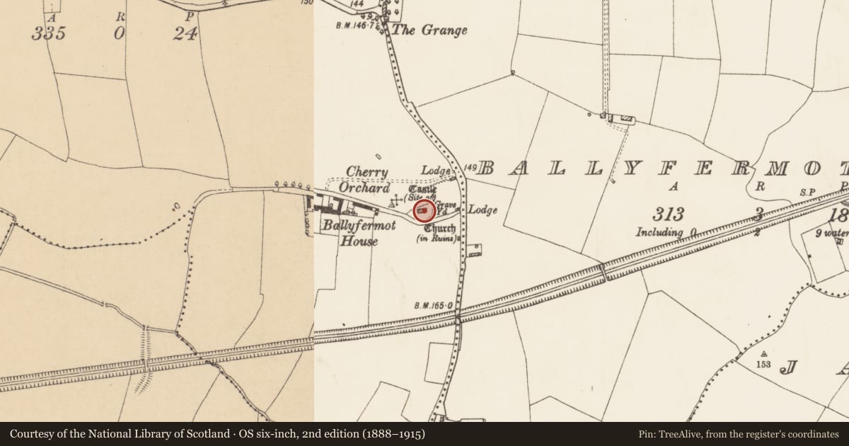 Ordnance Survey six-inch map, 2nd edition (1888–1915) covering the location of Church, County Dublin, with a pin at the register's coordinates