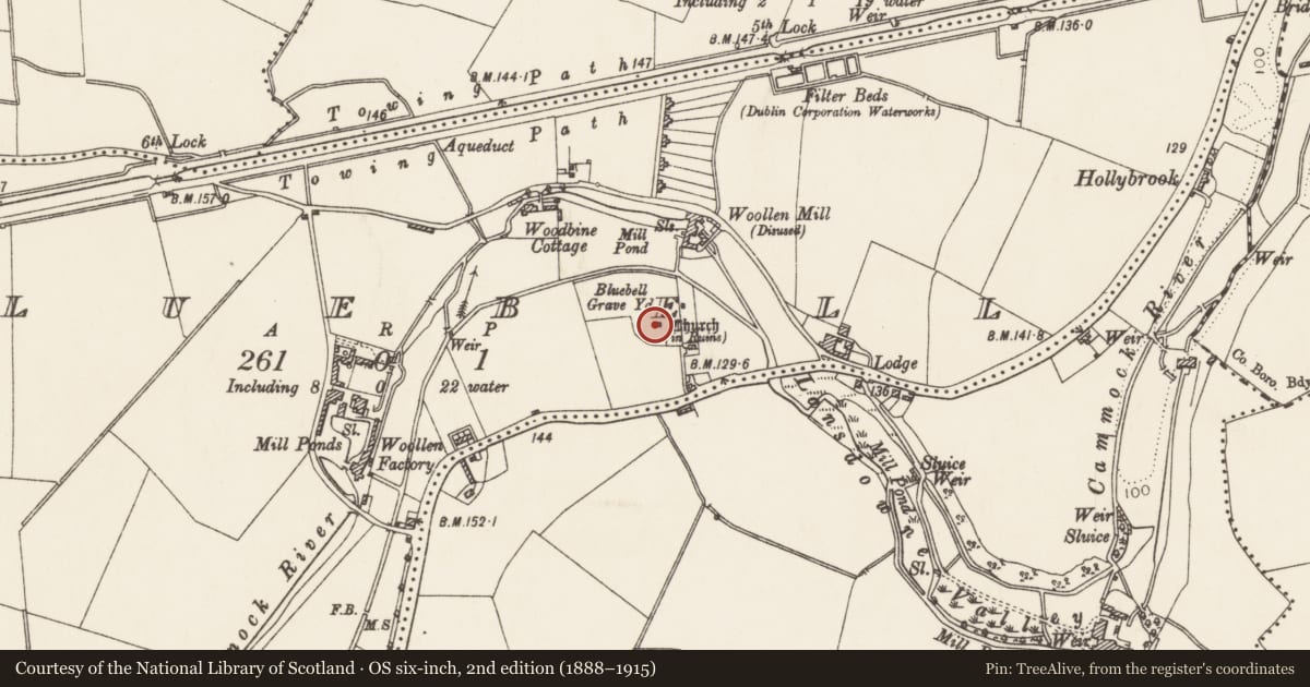 Ordnance Survey six-inch map, 2nd edition (1888–1915) covering the location of Church, County Dublin, with a pin at the register's coordinates