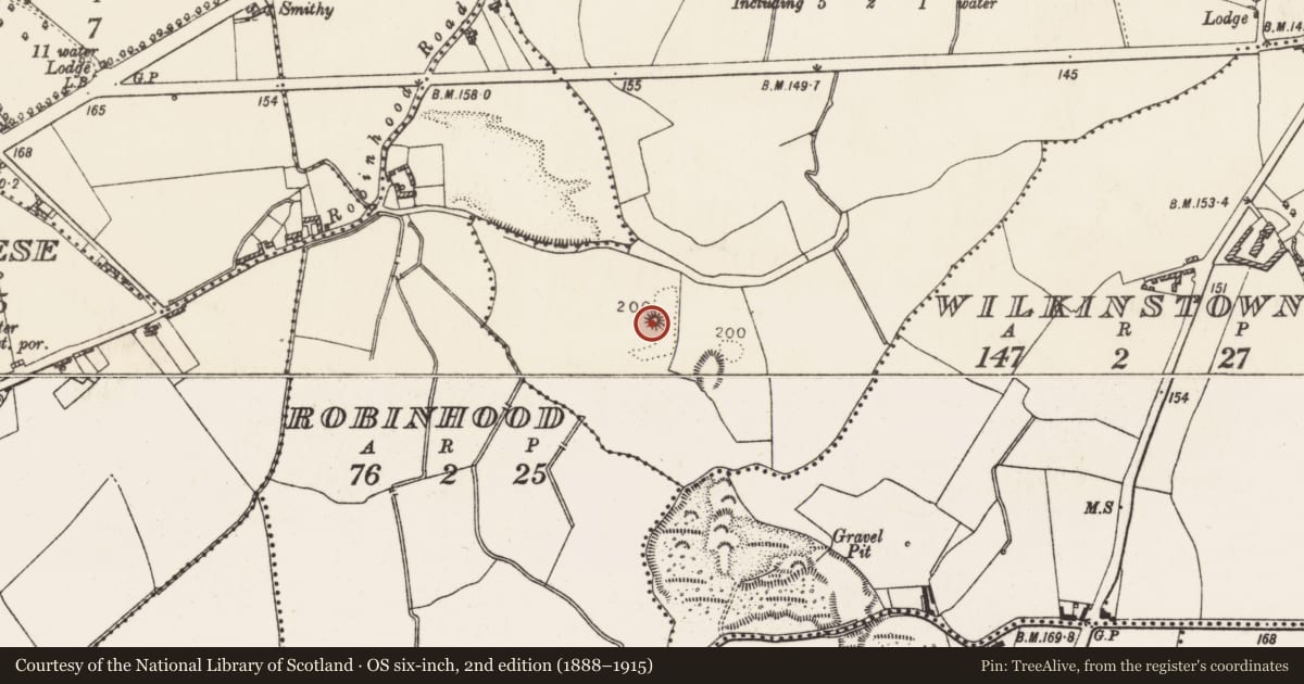 Ordnance Survey six-inch map, 2nd edition (1888–1915) covering the location of Linkardstown burial, County Dublin, with a pin at the register's coordinates