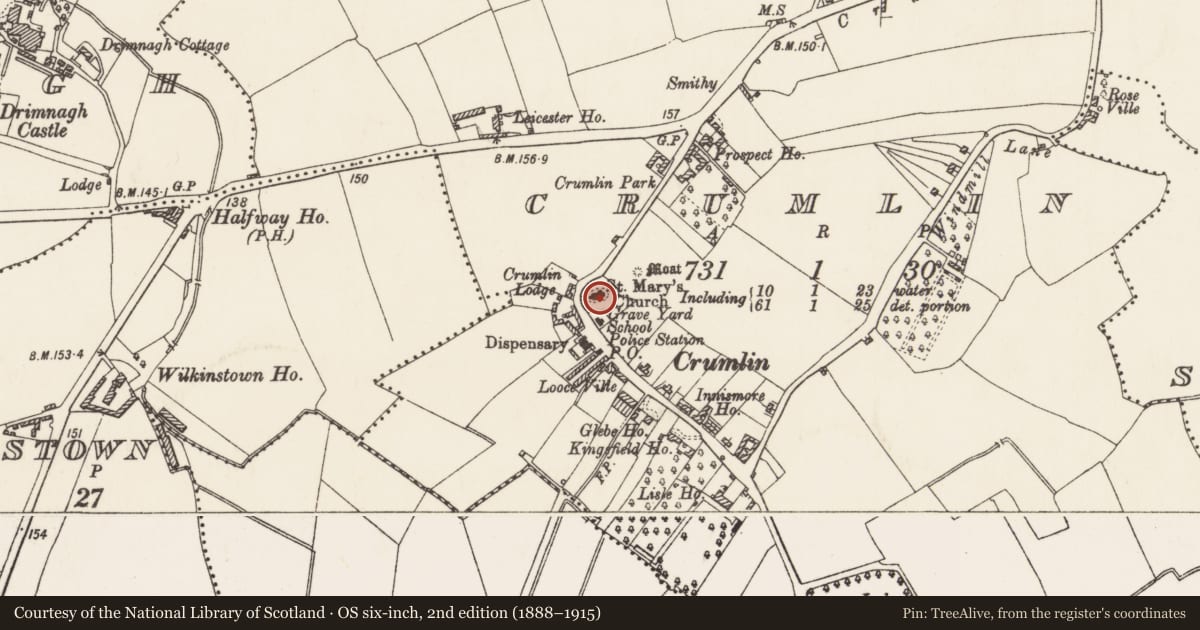 Ordnance Survey six-inch map, 2nd edition (1888–1915) covering the location of Settlement cluster, County Dublin, with a pin at the register's coordinates