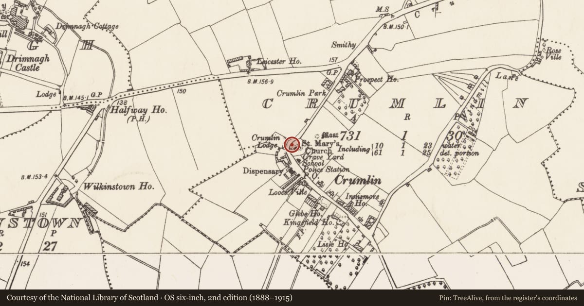 Ordnance Survey six-inch map, 2nd edition (1888–1915) covering the location of Ecclesiastical enclosure, County Dublin, with a pin at the register's coordinates