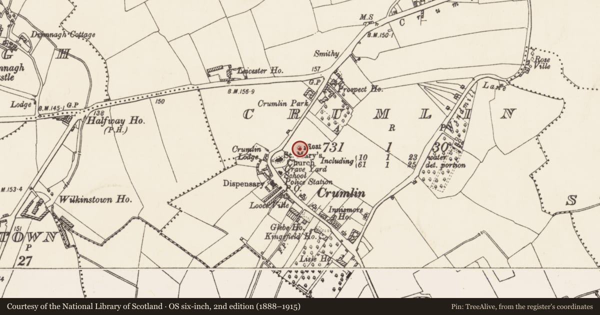 Ordnance Survey six-inch map, 2nd edition (1888–1915) covering the location of Castle - motte, County Dublin, with a pin at the register's coordinates
