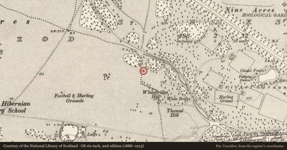 Ordnance Survey six-inch map, 2nd edition (1888–1915) covering the location of Barrow - ditch barrow, County Dublin, with a pin at the register's coordinates