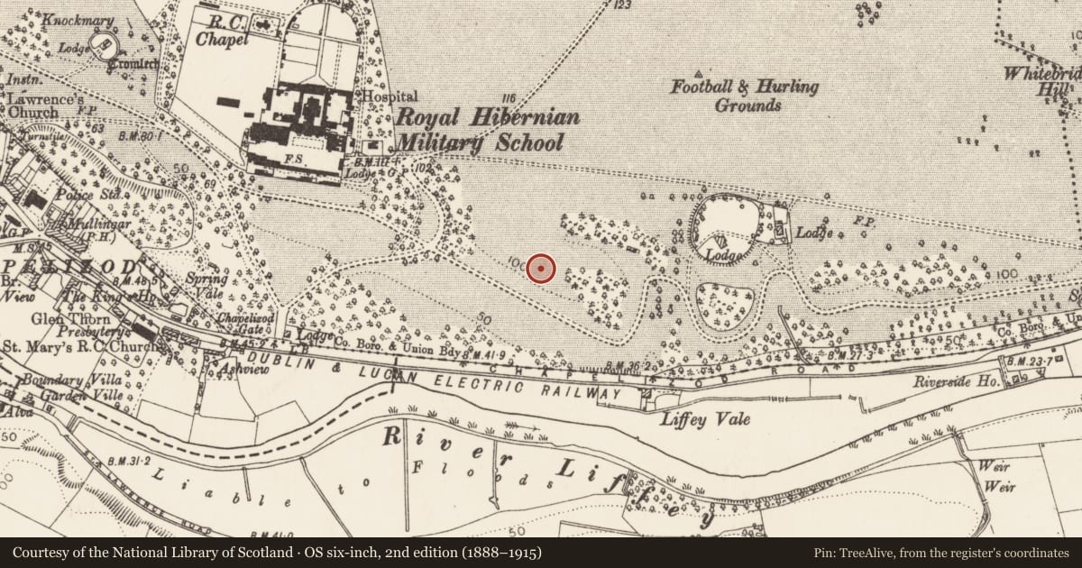 Ordnance Survey six-inch map, 2nd edition (1888–1915) covering the location of Earthwork, County Dublin, with a pin at the register's coordinates